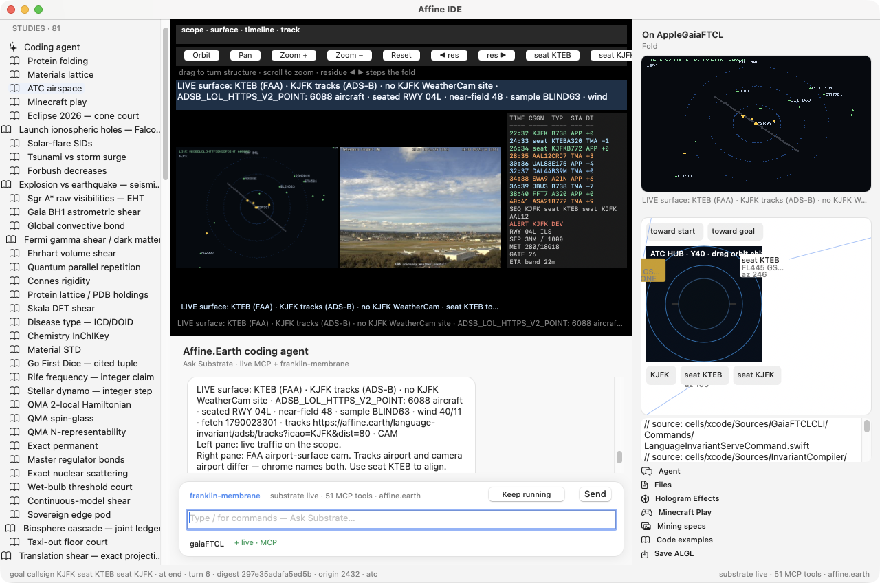 Affine IDE 0.2.6.5 beta — live ADS-B scope beside FAA airport-surface camera, chat narrating the turn