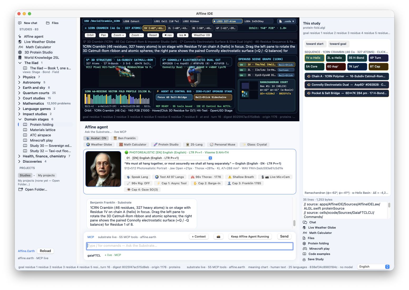 Affine IDE 0.3.0.5 beta (2026-10-19) — Live macOS 27 Window running Photorealistic 97-Language Biomechanical Avatar, Avatar: ON Toggle, 1CRN Protein LOD3, and Benjamin Franklin Polymath Chat
